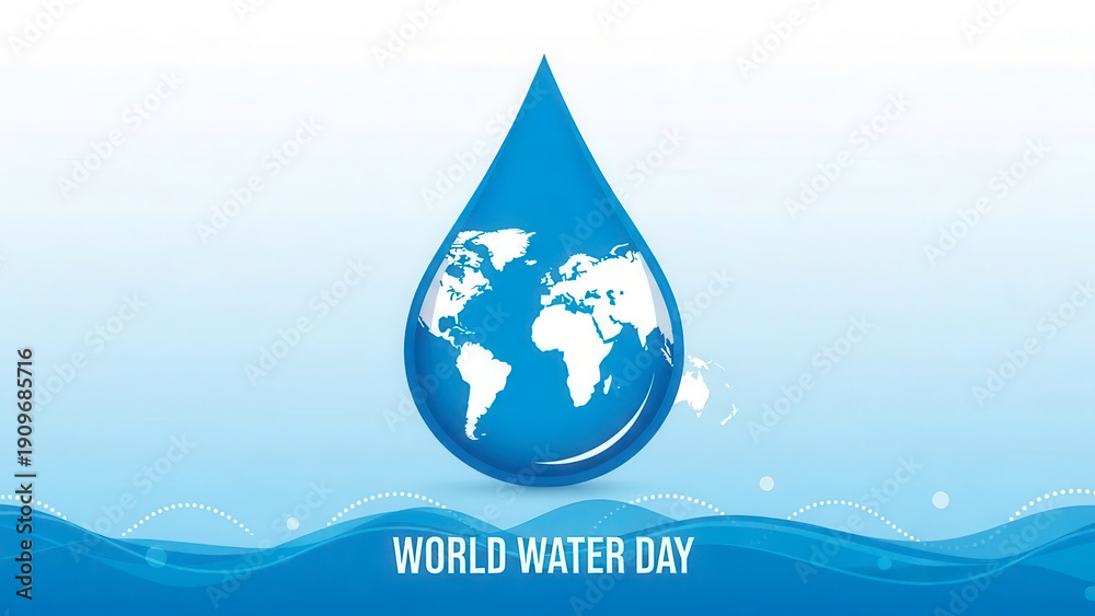 Fototapeta premium A blue water droplet containing a white world map, symbolizing global water conservation efforts for world water day