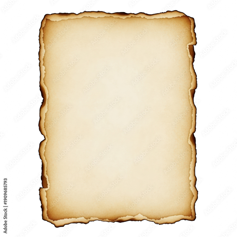 Fototapeta premium A blank piece of old parchment paper with burnt edges isolated on transparent background