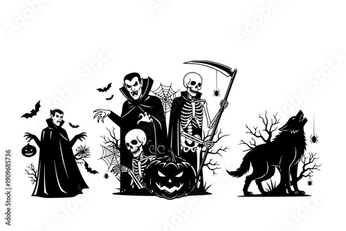 Retro Halloween poster. Holiday party invitation. Vintage card with vampire, skeleton, pumpkin, werewolf for costume event. Spooky posters template. Vector set