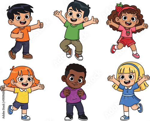 Cheerful diverse group of happy multiracial children characters jumping and dancing together in cute cartoon vector style for education design.