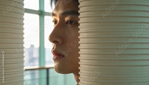 Asian man peeking through white vertical blinds with anxious expression. Profile view in morning light looking at urban cityscape. Concept of rushing to work lateness and daily commute stress in
