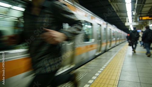 Man rushing to catch subway train on platform. Morning commute hurry and lateness in urban station. Workday anxiety and daily travel stress concept.