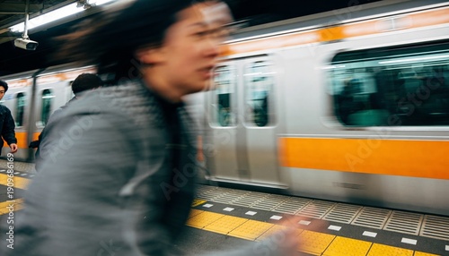 Woman rushing to catch orange subway train at busy platform. Morning commute hurry and lateness in urban city. Daily work stress anxiety and fast pace lifestyle concept.