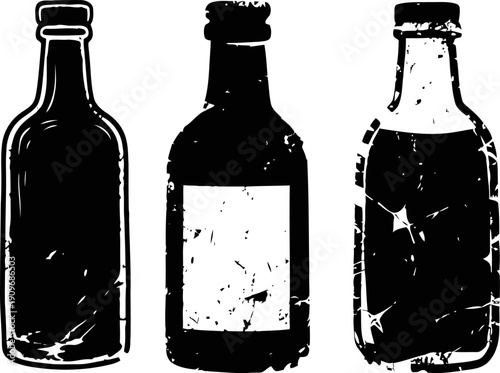 Three vintage glass bottles silhouettes with textured grunge effect