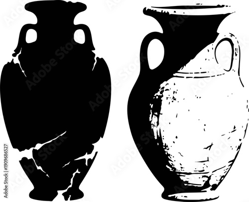 Ancient amphora jars with handles, cracked and weathered earthenware pottery vessels
