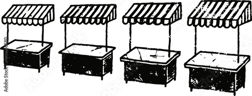 Set of rustic market stalls with striped canopies, vintage hand drawn illustrations