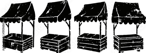 Set of vintage market stalls with canopies in black silhouette