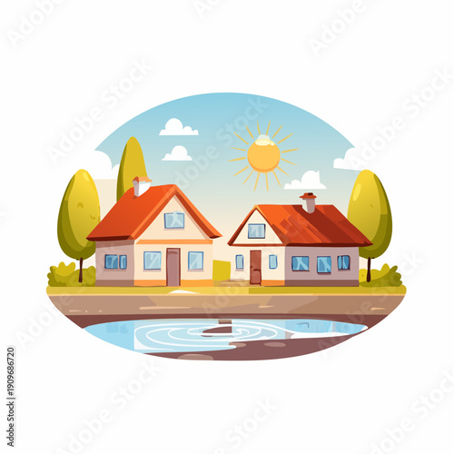 Charming Rural Houses Reflecting in a Puddle Under a Sunny Sky