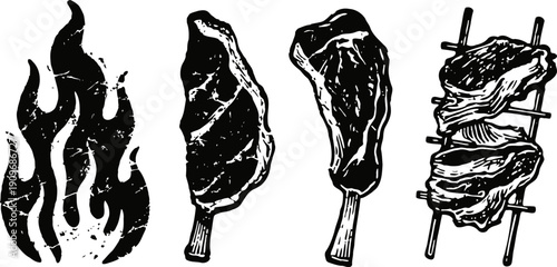 Black and white grill icons set flames, raw meat cuts and skewers barbecue and cooking symbols illustration