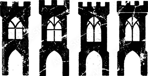 Grunge gothic tower silhouettes set with arched windows and battlements in black and white