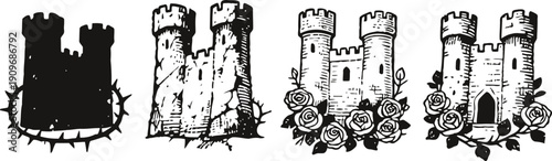 Four vintage castle illustrations with different decorative elements and floral borders