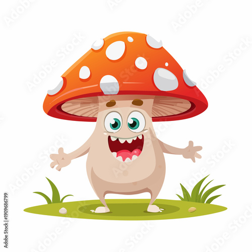 Funny cartoon mushroom character with a happy face and open arms. Cute amanita mascot vector illustration