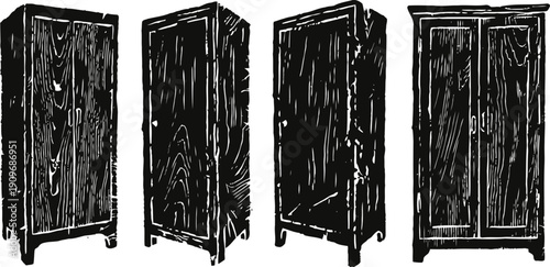 Vintage wooden wardrobe silhouettes in various views antique closet furniture with classic texture and grain patterns