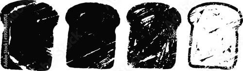 Four abstract black and white toast bread silhouettes with textured and grunge shapes