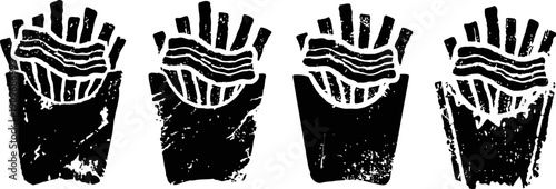 set of black and white stylized french fries in containers, fast food  illustration
