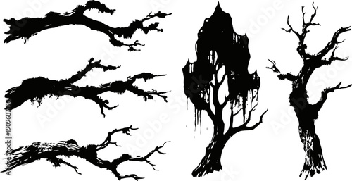 Silhouettes of spooky bare trees and twisted branches in eerie black ink