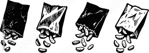 Black and white sketch of four small paper bags pouring out dry kidney beans in a random arrangement