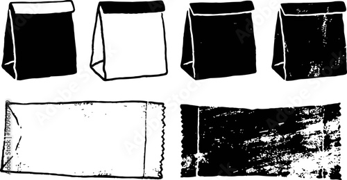 Black and white paper bag silhouettes with grunge texture, realistic packaging shapes, blank  templates