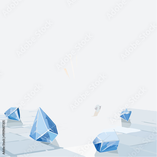 Abstract polygonal blue crystals scattered on a reflective grid surface, suggesting a frozen, futuristic, or digital landscape
