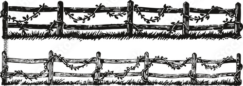 Rustic wooden fence with natural vine branches hand drawn vintage rural landscape border elements