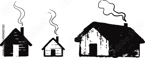 three black silhouette houses with smoke rising from chimneys isolated on white background