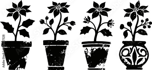 Silhouettes of four potted plants with flowers and leaves in various shaped pots