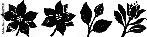 black floral silhouettes set stylized blooming flowers, leaves, and buds in simple design