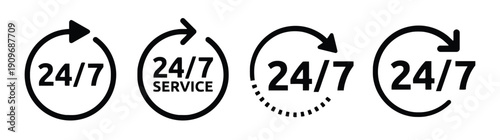 24/7 service icons, round the clock availability and support symbols