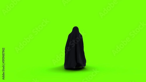 Black Ghost Floating on Green Screen – 4K Horror Spirit Isolated for Chroma Key