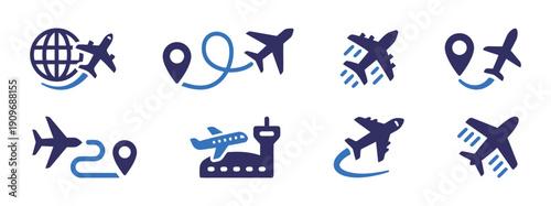 Airplane and travel icons with route maps, globe, and airport elements