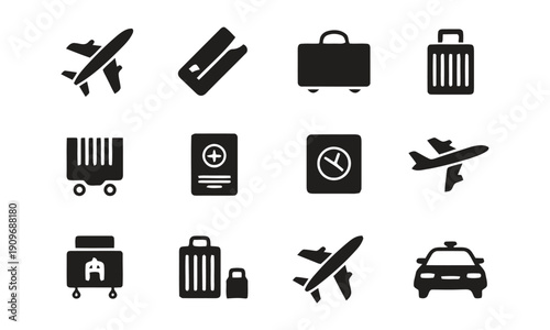 Airport and travel icons including airplanes luggage and passport for transportation services