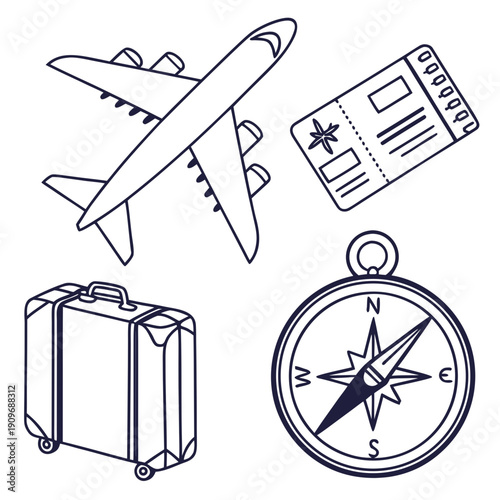 Travel essentials including a plane, compass, suitcase, and travel tickets