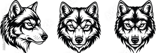 Wolf head silhouettes in bold graphic style, fierce predator vector illustration, wilderness art design, symbolic wildlife motif concept