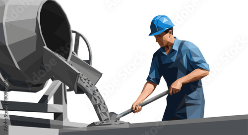 Low poly illustration of a worker pouring concrete. Useful for construction, engineering, renovation, or building themes. Isolated on white for easy integration.
