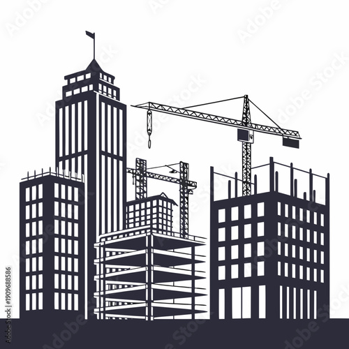 A bustling cityscape with towering skyscrapers and active construction cranes.