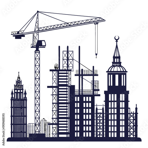 Skyline of a bustling city with construction cranes and diverse architecture