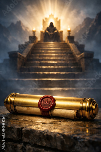 Royal Decree: King on Throne, Golden Scroll Sealed with Crown for Announcement