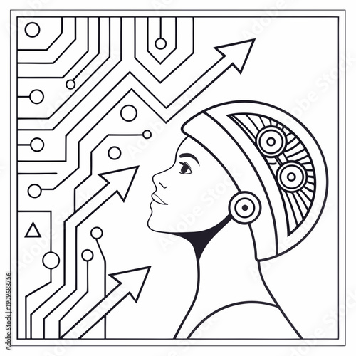 A futuristic illustration of a person with a headset connected to a neural network.