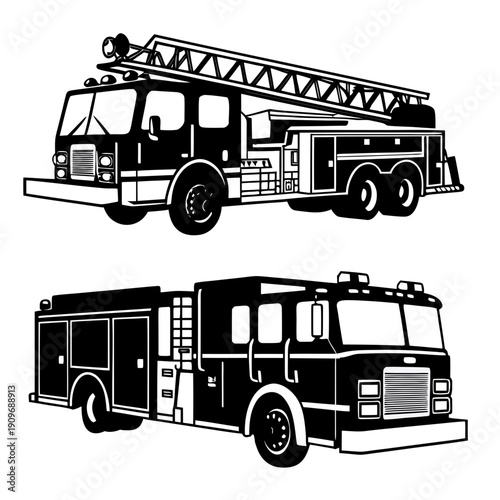 Black and white illustration of a fire truck and a rescue vehicle