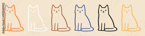 Minimalist line art illustration of colorful sitting cats in a row on a beige background. Cute flat design icons for feline lovers.