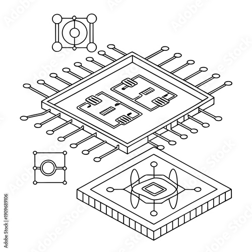 Detailed illustration of a computer processor with various components and connections.