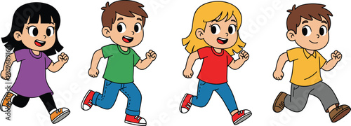 Set of diverse cartoon children running and playing together, happy kids jogging in colorful outfits for school sports and activities.