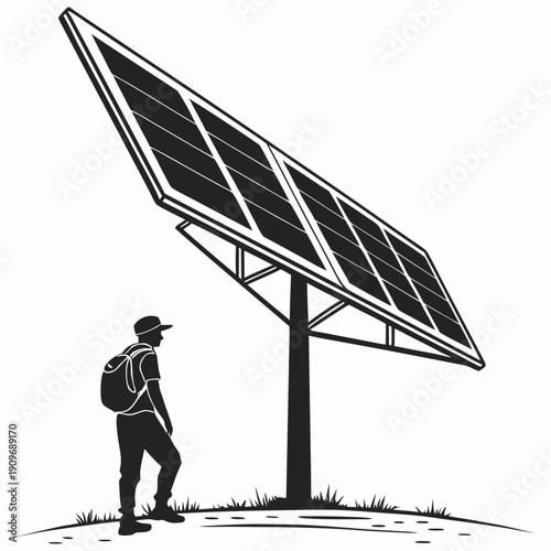 A hiker stands next to a large solar panel in a desert landscape