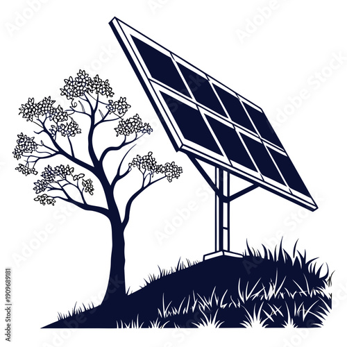 A solar panel standing on a hill with a tree nearby in a black and white illustration