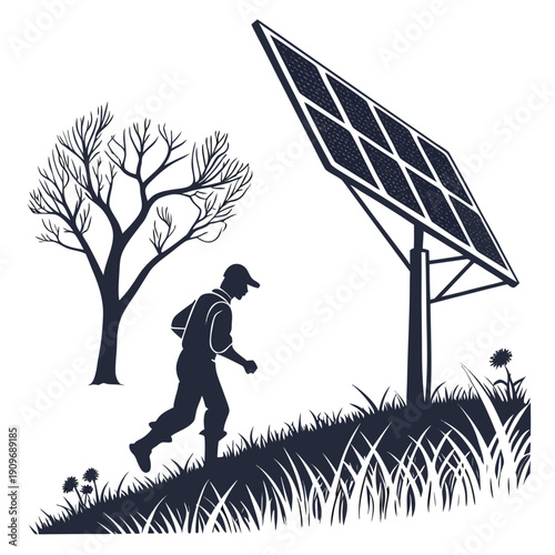 A person running up a hill towards a solar panel and trees in a stylized illustration
