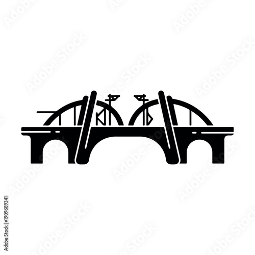 Black and white bridge with bicycles and pedestrians crossing urban infrastructure minimalist line art illustration