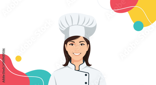 Portrait of a smiling professional female chef wearing a classic white uniform and toque hat against an abstract background with colorful shapes.