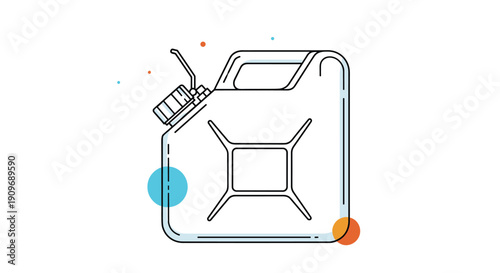 Line art illustration of a metal jerrycan for storing and transporting fuel, outlined in black with subtle colorful circle accents.