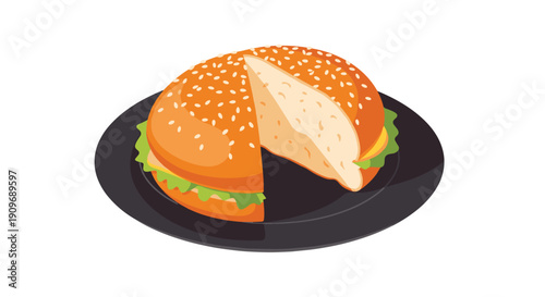 Illustration of a delicious hamburger with a sesame seed bun on a black plate, with one slice cut to show the inside.