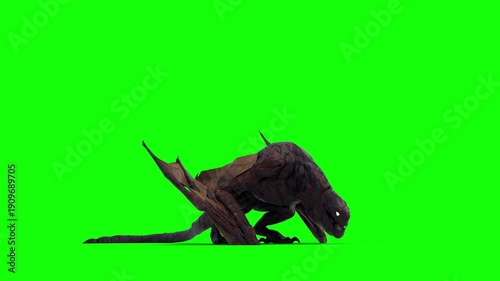 Winged Monster on Green Screen Background in 4K Fantasy Creature CGI, Full Body Isolated for Chroma Key